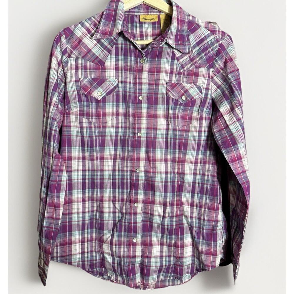 Wrangler Pearl Snap Western Shirt S Purple Plaid Long Sleeve Rodeo Country
